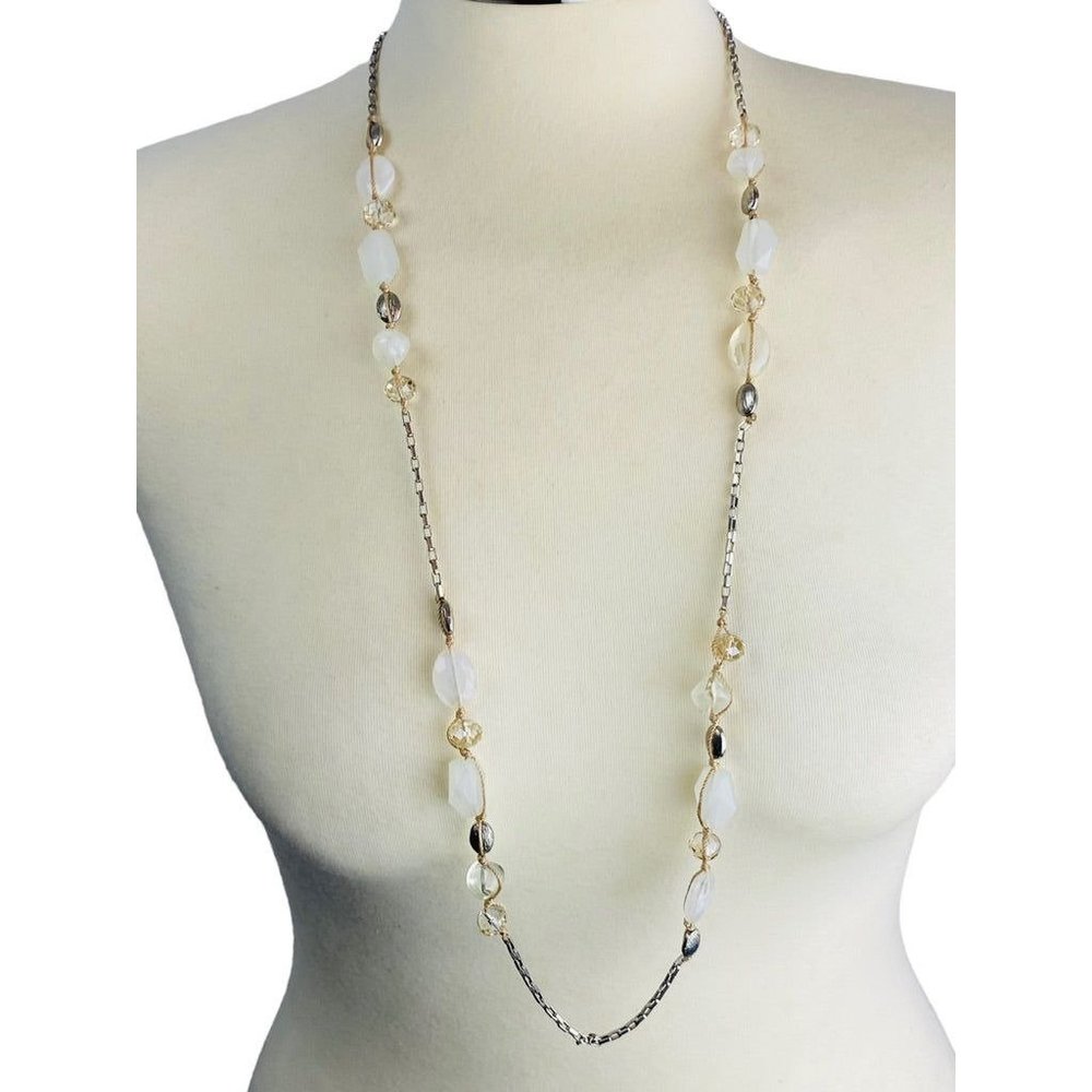 Ann Taylor Loft Silvertone Box Chain 37" Beaded Necklace Mixed Materials